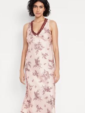 Old Navy Beige Slip Dress with Brown Floral Lace Trim